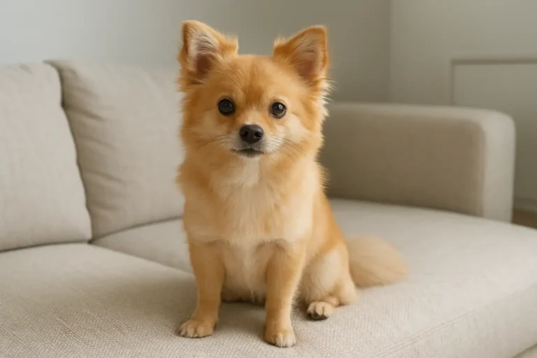 Petit Pomchi assis dans un intérieur lumineux, petit chien croisé entre spitz nain et chihuahua