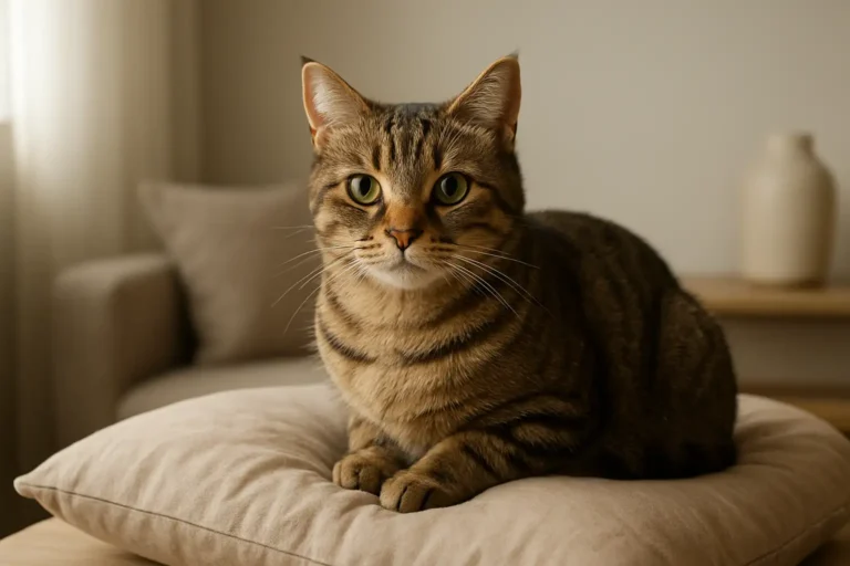 Une chatte assise sur un coussin dans un intérieur chaleureux et lumineux