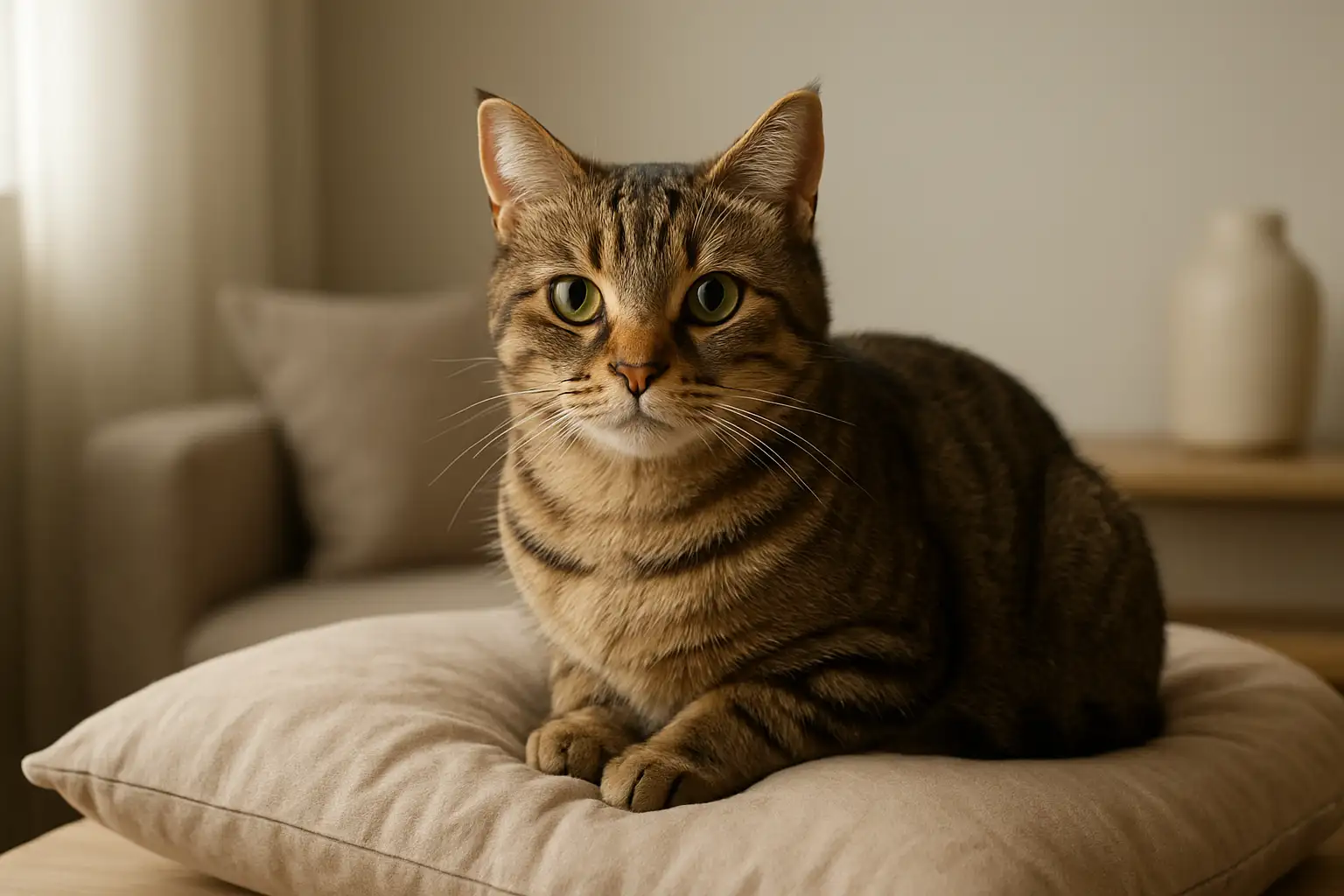 Une chatte assise sur un coussin dans un intérieur chaleureux et lumineux