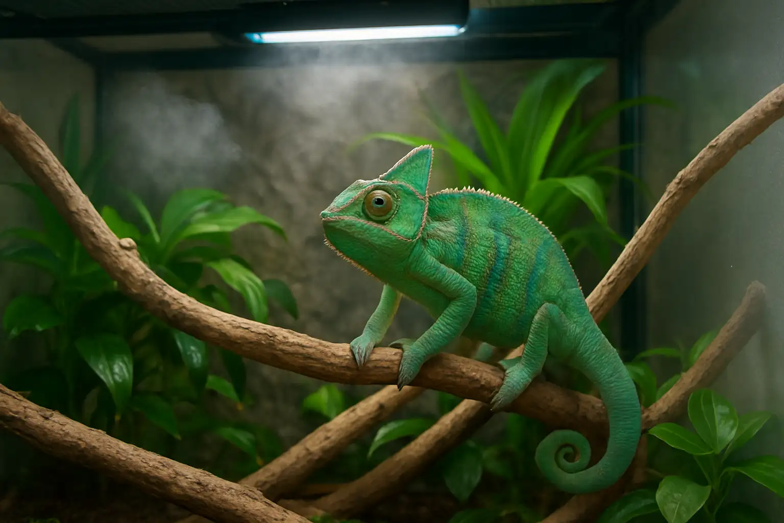 Caméléon dans un terrarium équipé avec éclairage UV et plantes