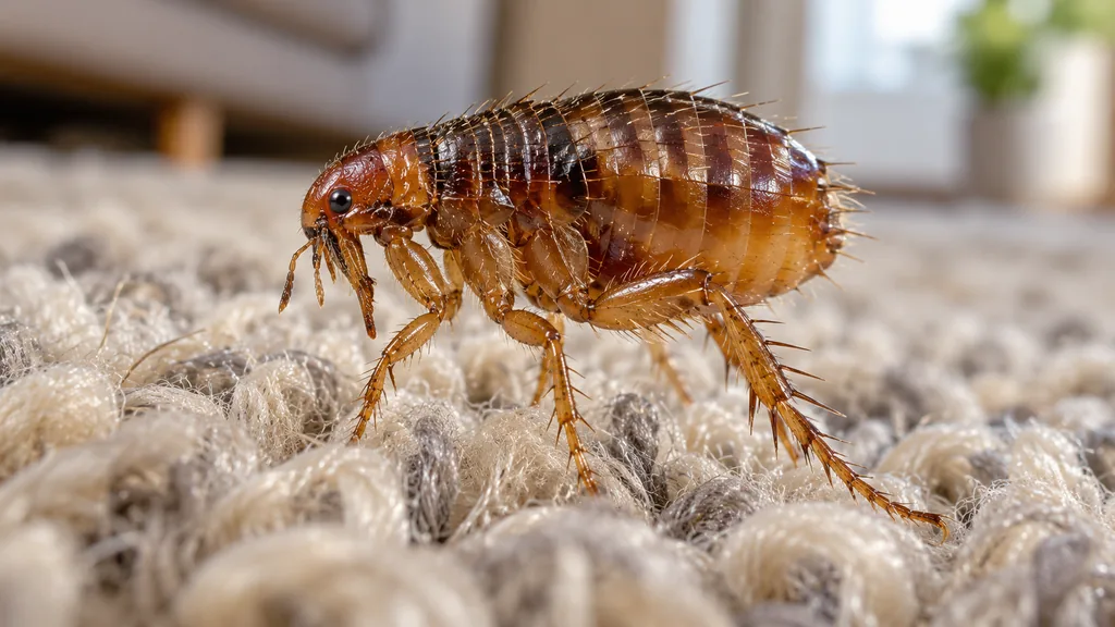 Puce adulte observée en gros plan sur les fibres d’un tapis
