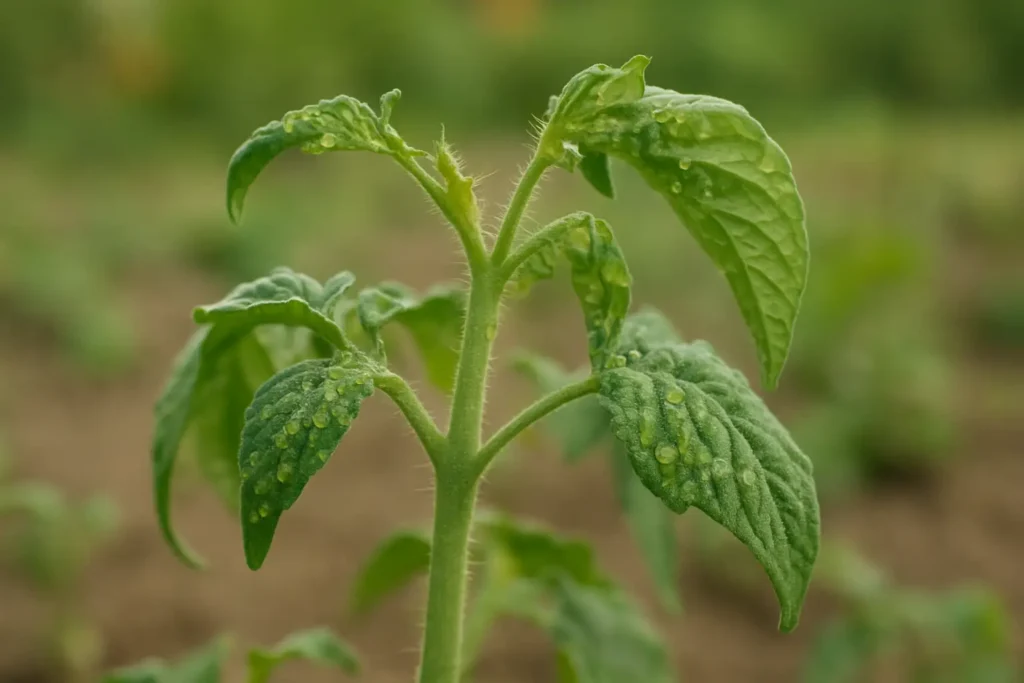 Plant de tomate infesté de pucerons sur les jeunes pousses et le revers des feuilles