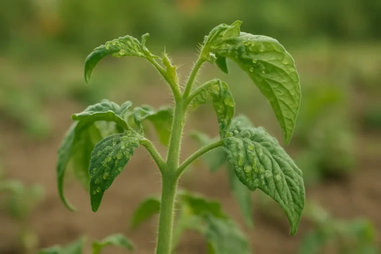 Plant de tomate infesté de pucerons sur les jeunes pousses et le revers des feuilles