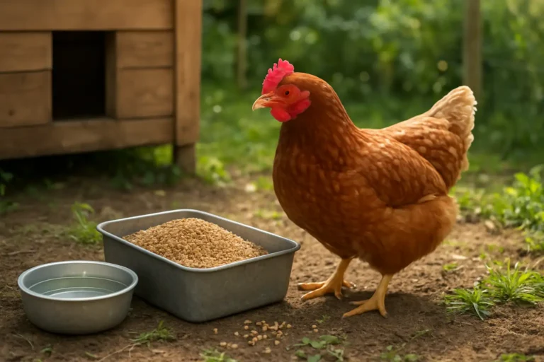 Une poule domestique près d’une mangeoire avec de l’aliment pour volailles et un bol d’eau dans un poulailler de jardin.