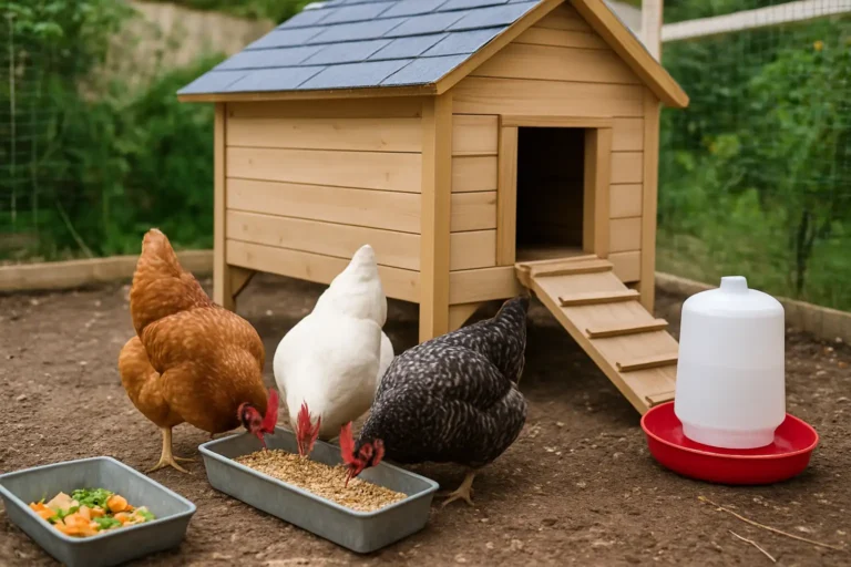 Poules domestiques picorant de l’aliment complet dans un poulailler propre avec abreuvoir