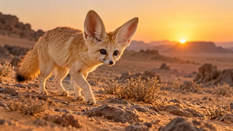 Fennec aux grandes oreilles dans un désert au lever du jour