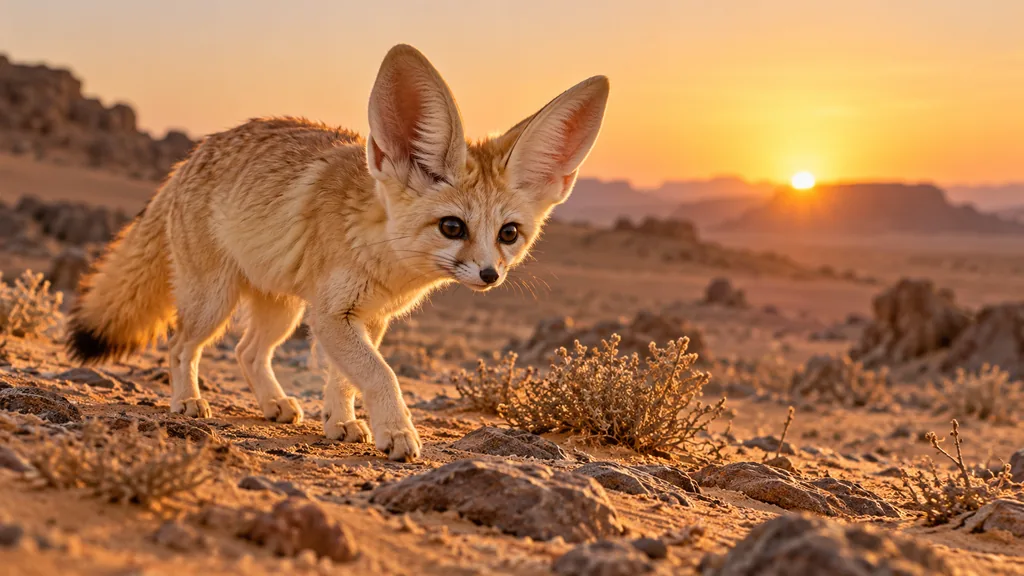 Fennec aux grandes oreilles dans un désert au lever du jour