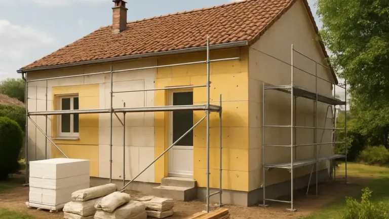 Maison en cours d’isolation extérieure avec échafaudage