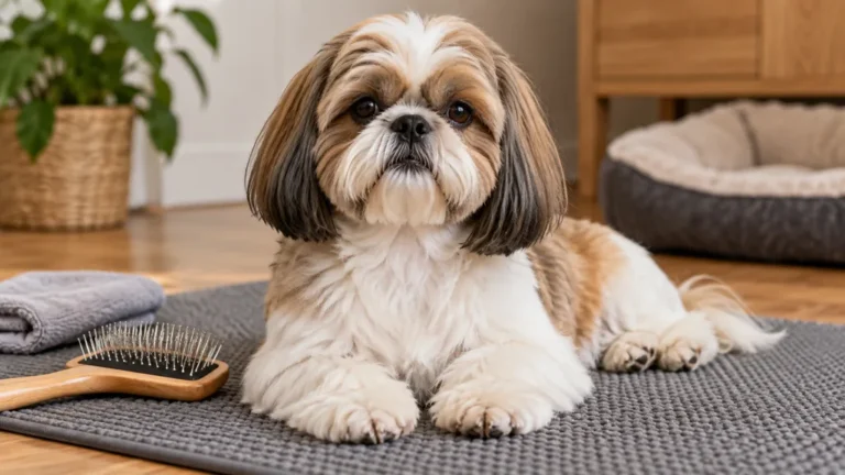 Shih Tzu adulte sur un tapis de toilettage avec une brosse