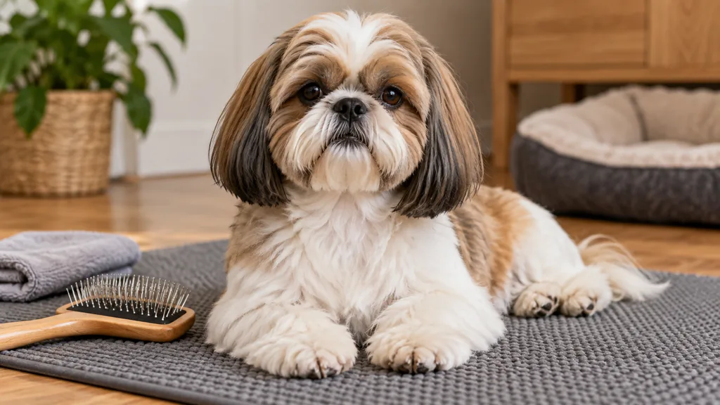 Shih Tzu adulte sur un tapis de toilettage avec une brosse