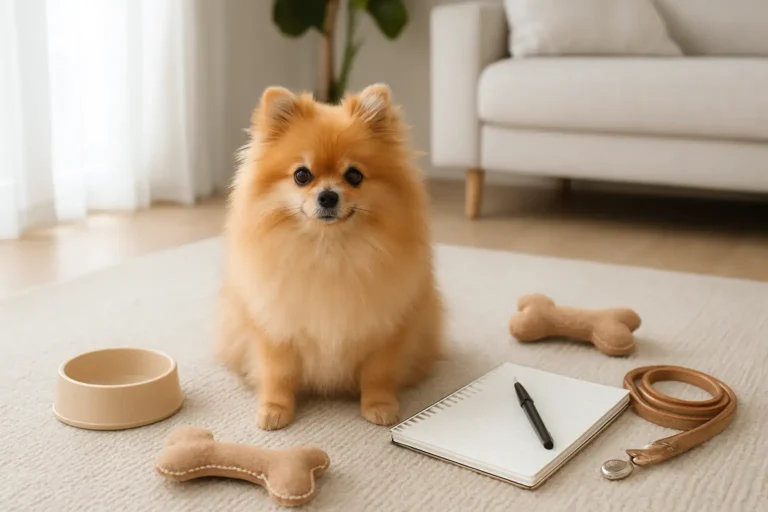 Spitz nain dans un intérieur lumineux avec des accessoires et un carnet de budget