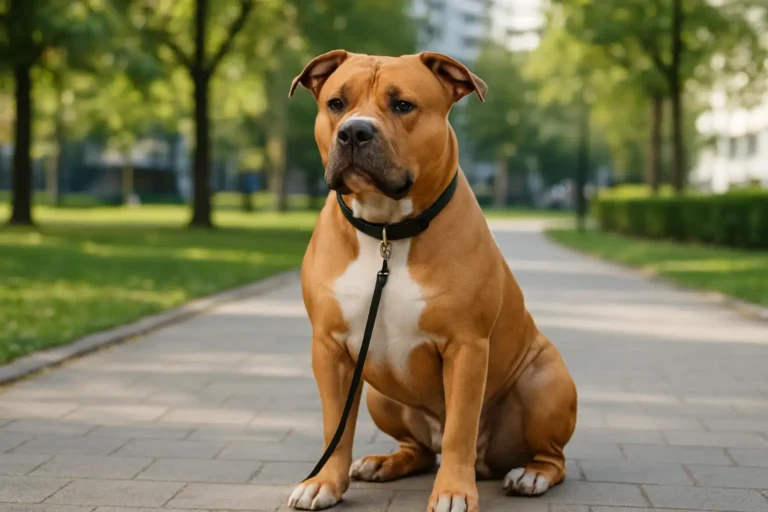 Chien de type staff bully assis calmement dans un parc urbain lumineux