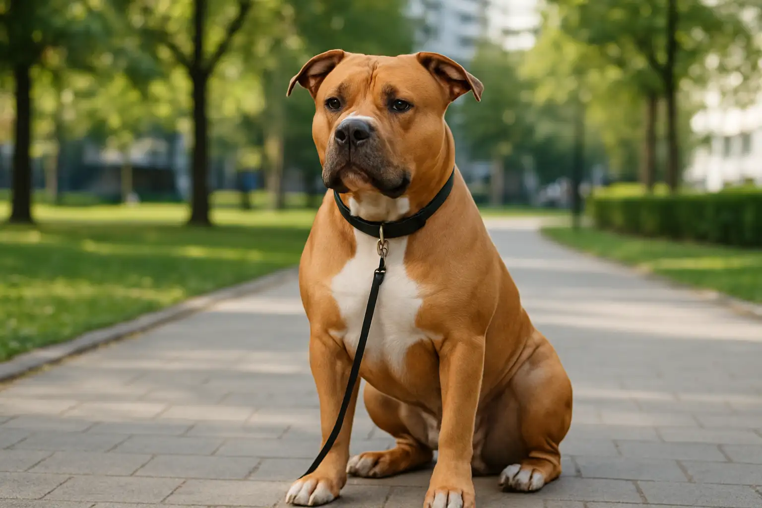 Chien de type staff bully assis calmement dans un parc urbain lumineux