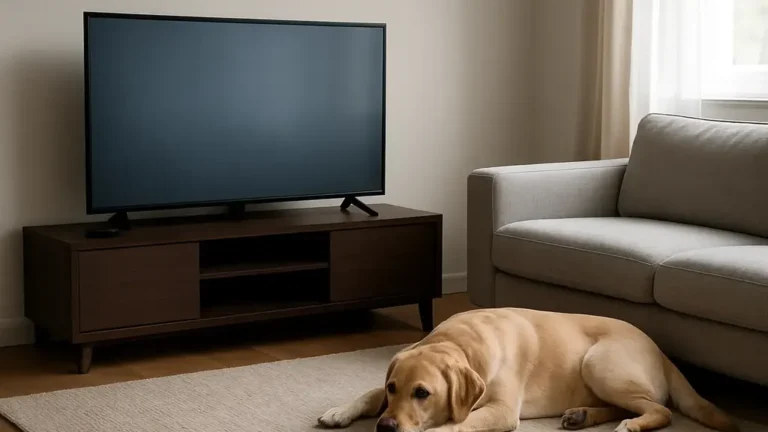 Chien allongé dans un salon devant un téléviseur