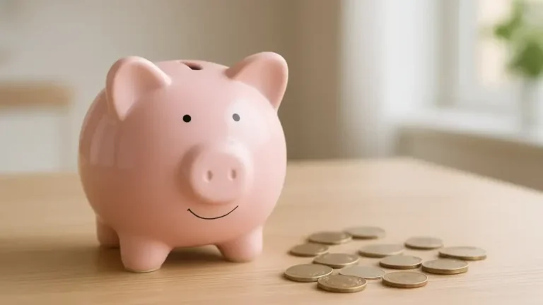 Tirelire cochon rose posée à côté de pièces de monnaie