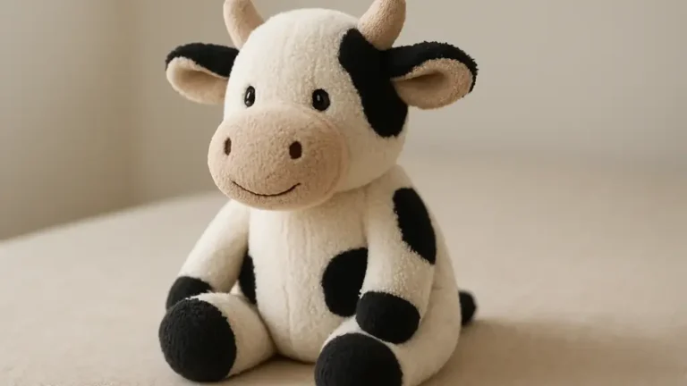 Vache en peluche noire et blanche posée dans une chambre