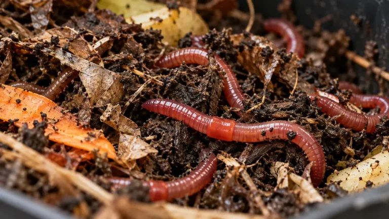 Vers de terreau rouges visibles dans un lombricompost riche en matières organiques