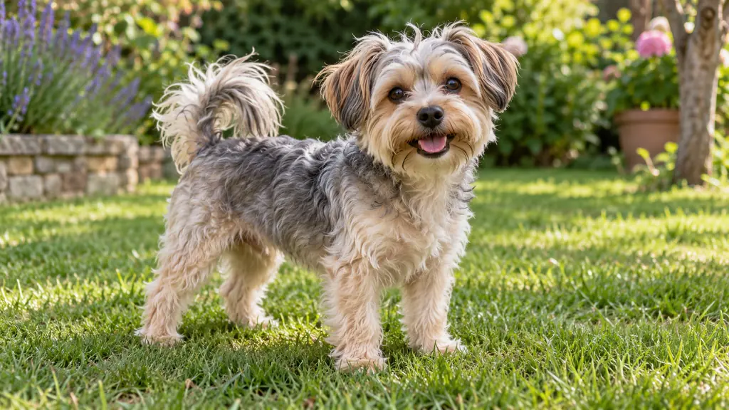 Petit chien croisé Yorkshire et Bichon au pelage gris et crème dans un jardin