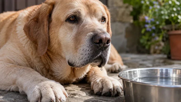 Un chien au museau humide près d’une gamelle d’eau