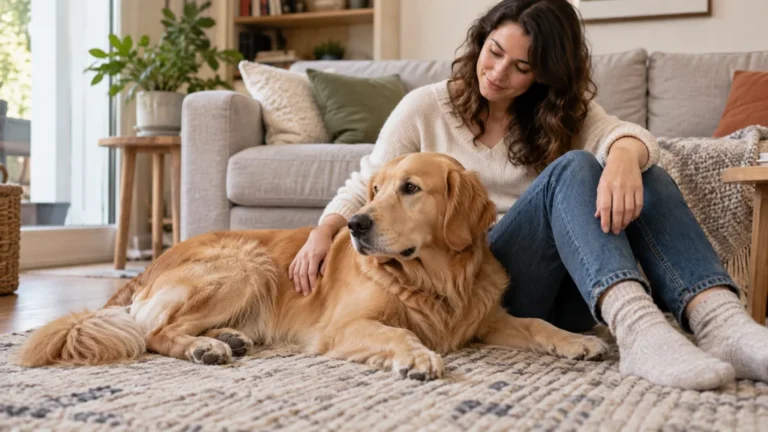 Un chien couché calmement près de sa propriétaire