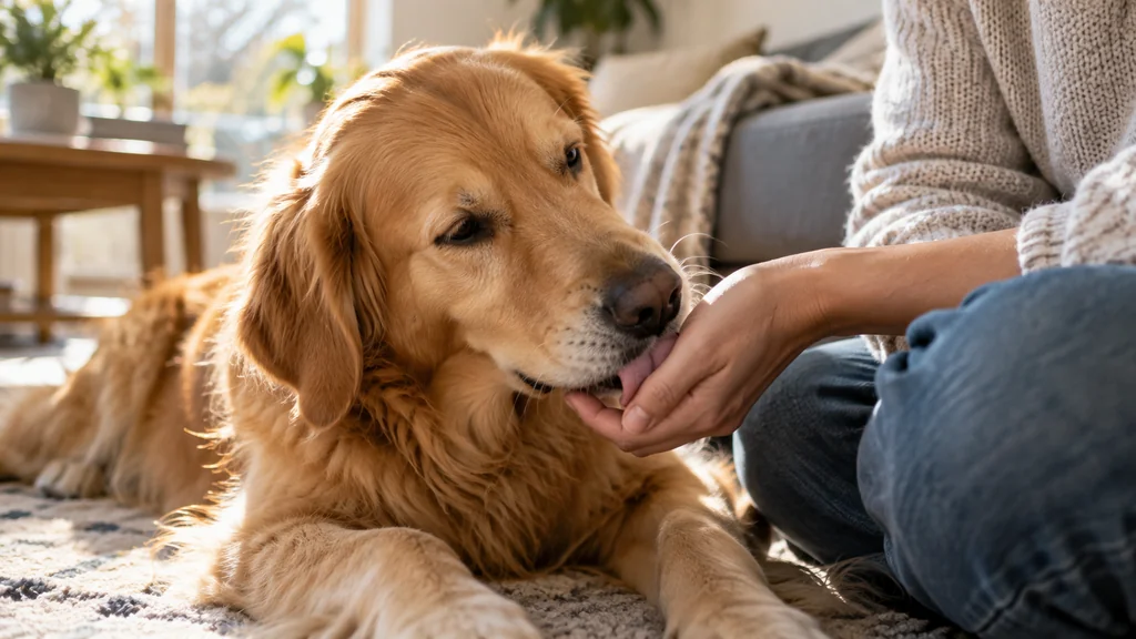 Un chien léchant doucement la main de sa propriétaire