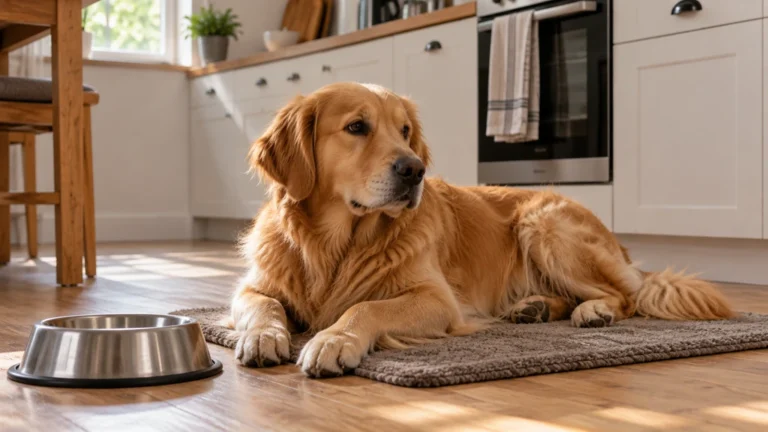 Un chien se reposant près de sa gamelle après son repas