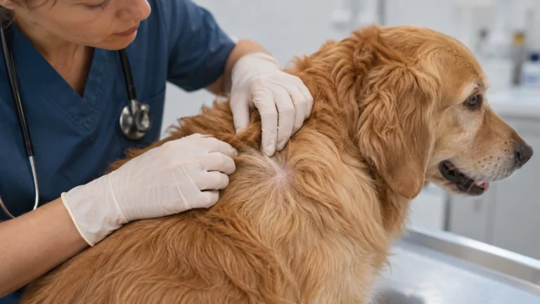 Une vétérinaire examinant le pelage d’un chien