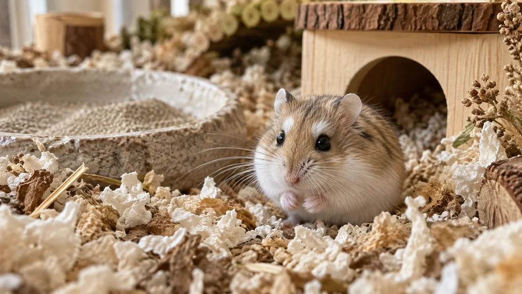 Un hamster Roborovski sur une litière avec un bain de sable