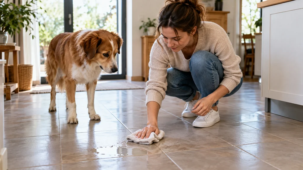 Une personne essuyant une petite flaque sur le sol près de son chien