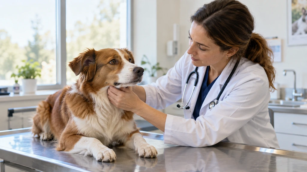 Un chien calme examiné par une vétérinaire